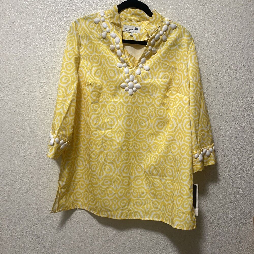 Liz lange Womens Large Tunic Top White Yellow Studded Light Thin Cover Up A3